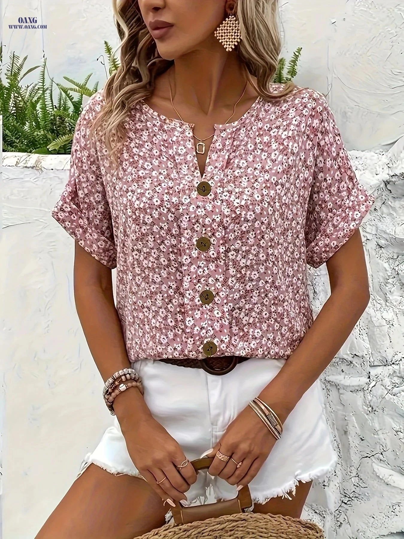 Elegant Floral Print V-Neck Shirt - Relaxed Fit, Summer Style   OAXG Pink / S