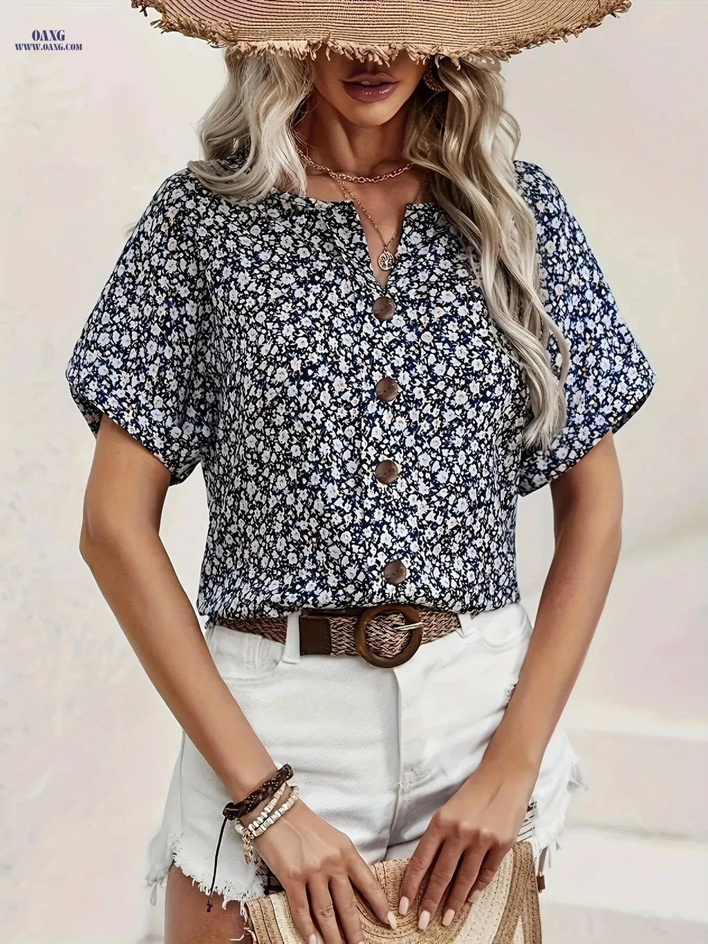 Elegant Floral Print V-Neck Shirt - Relaxed Fit, Summer Style   OAXG Pink / S