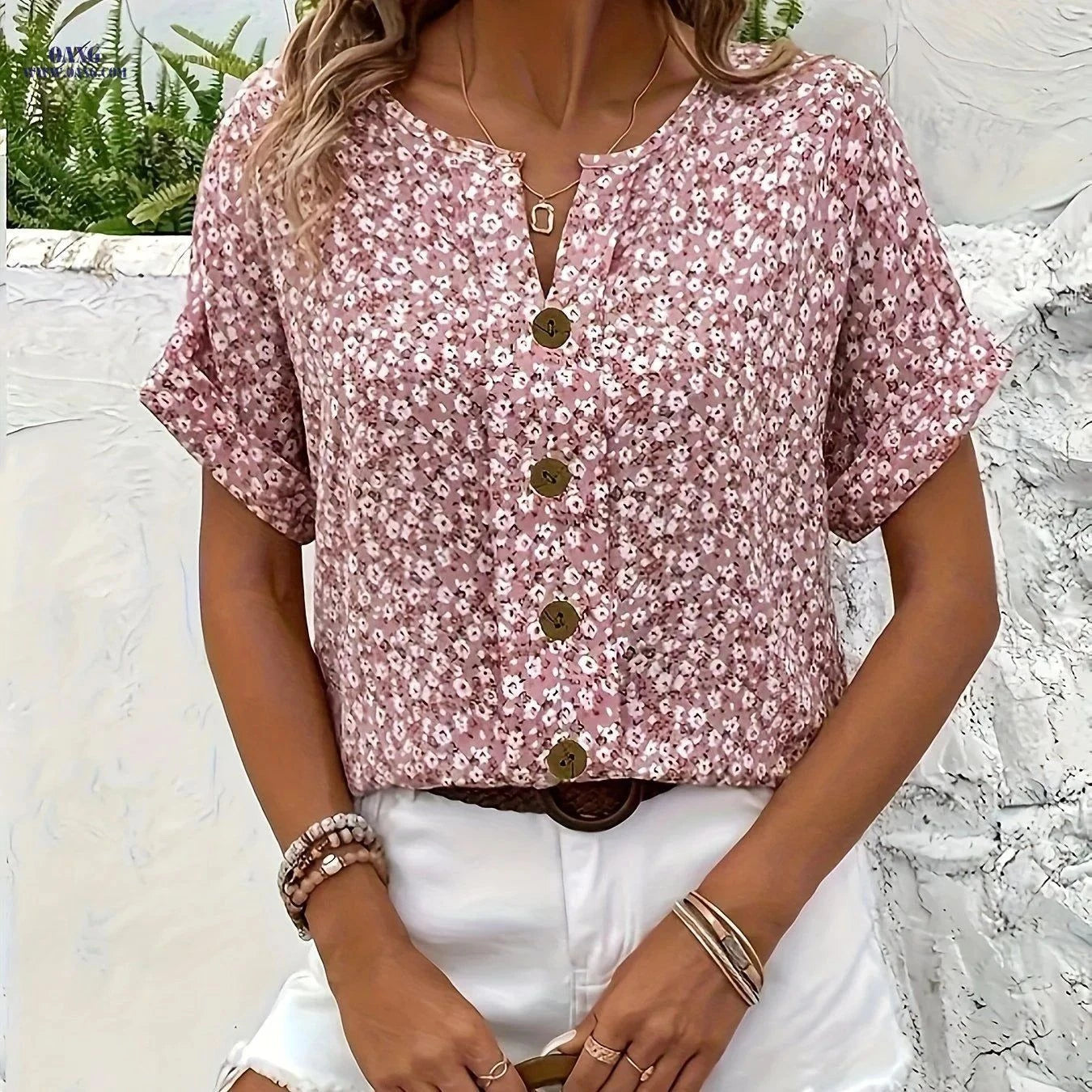 Elegant Floral Print V-Neck Shirt - Relaxed Fit, Summer Style   OAXG Pink / S