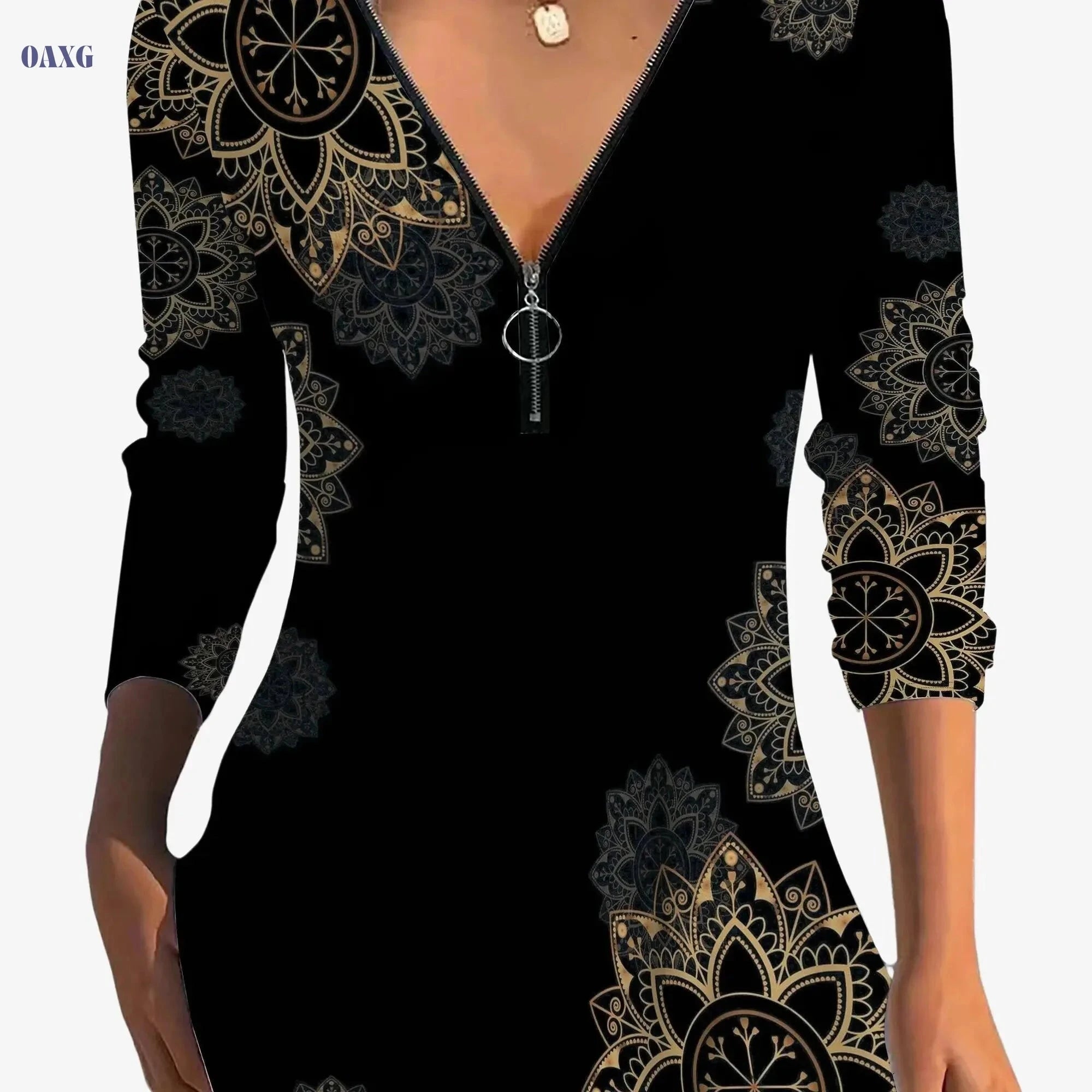 Elegant Floral Print V-Neck T-Shirt - Women's Long Sleeve Fall Top   OAXG Black / S