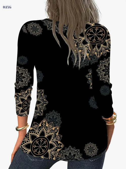 Elegant Floral Print V-Neck T-Shirt - Women's Long Sleeve Fall Top   OAXG Black / S
