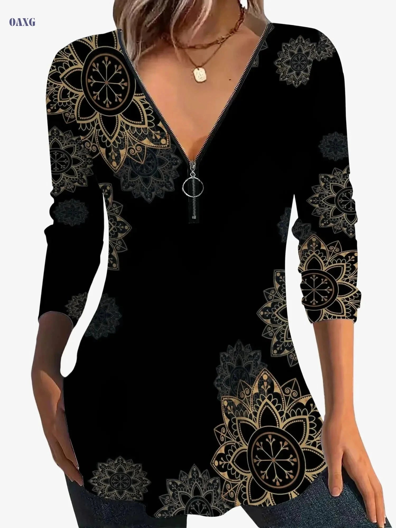 Elegant Floral Print V-Neck T-Shirt - Women's Long Sleeve Fall Top   OAXG Black / S