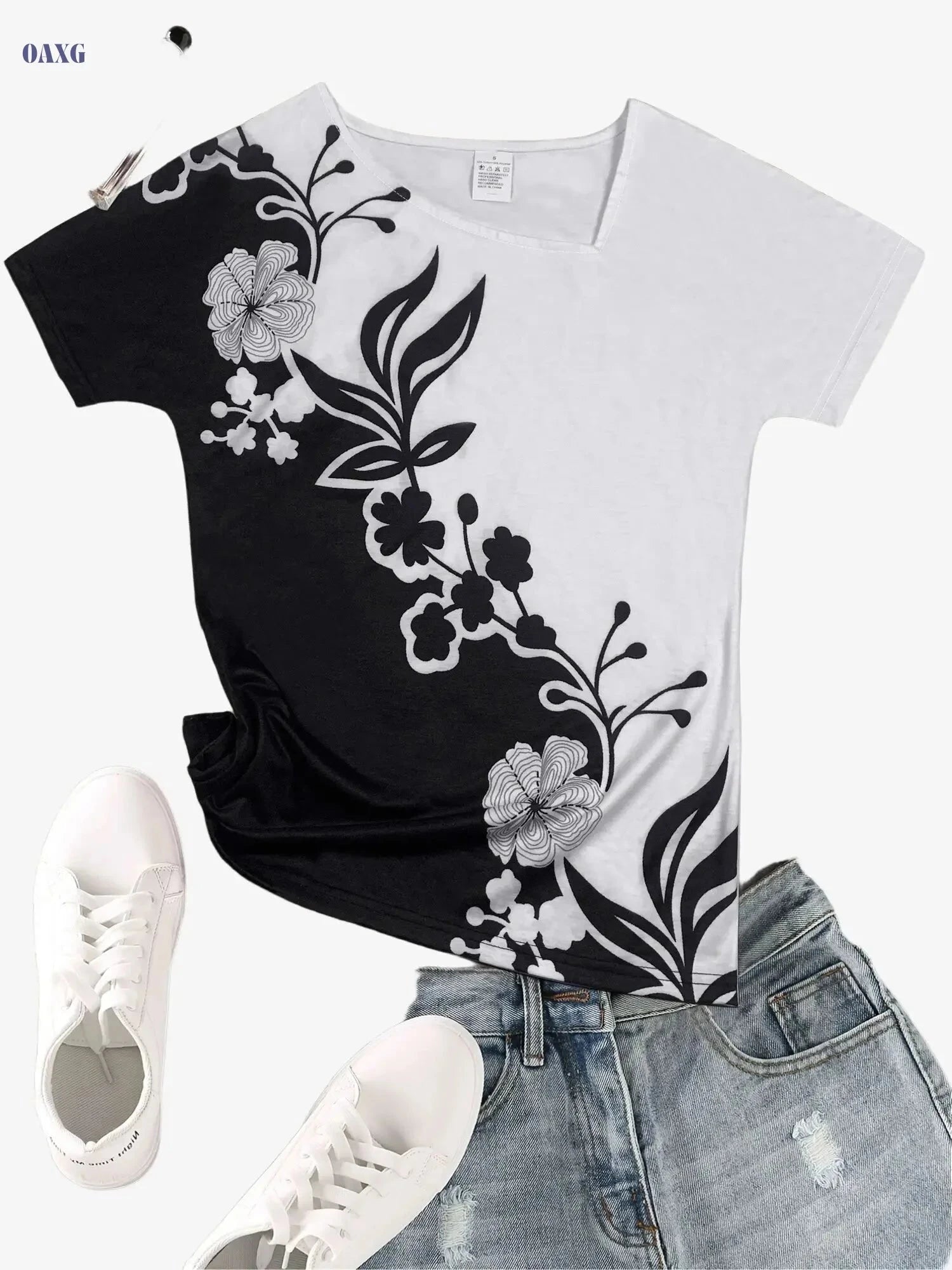 Elegant Floral Print V-Neck Top - Women's Short Sleeve Casual Wear   OAXG 