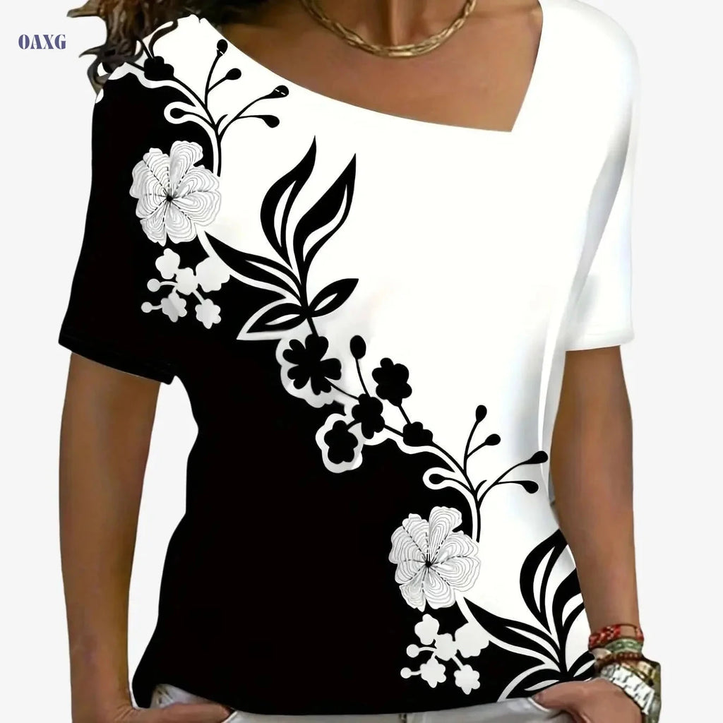 Elegant Floral Print V-Neck Top - Women's Short Sleeve Casual Wear   OAXG Mixed Color / S