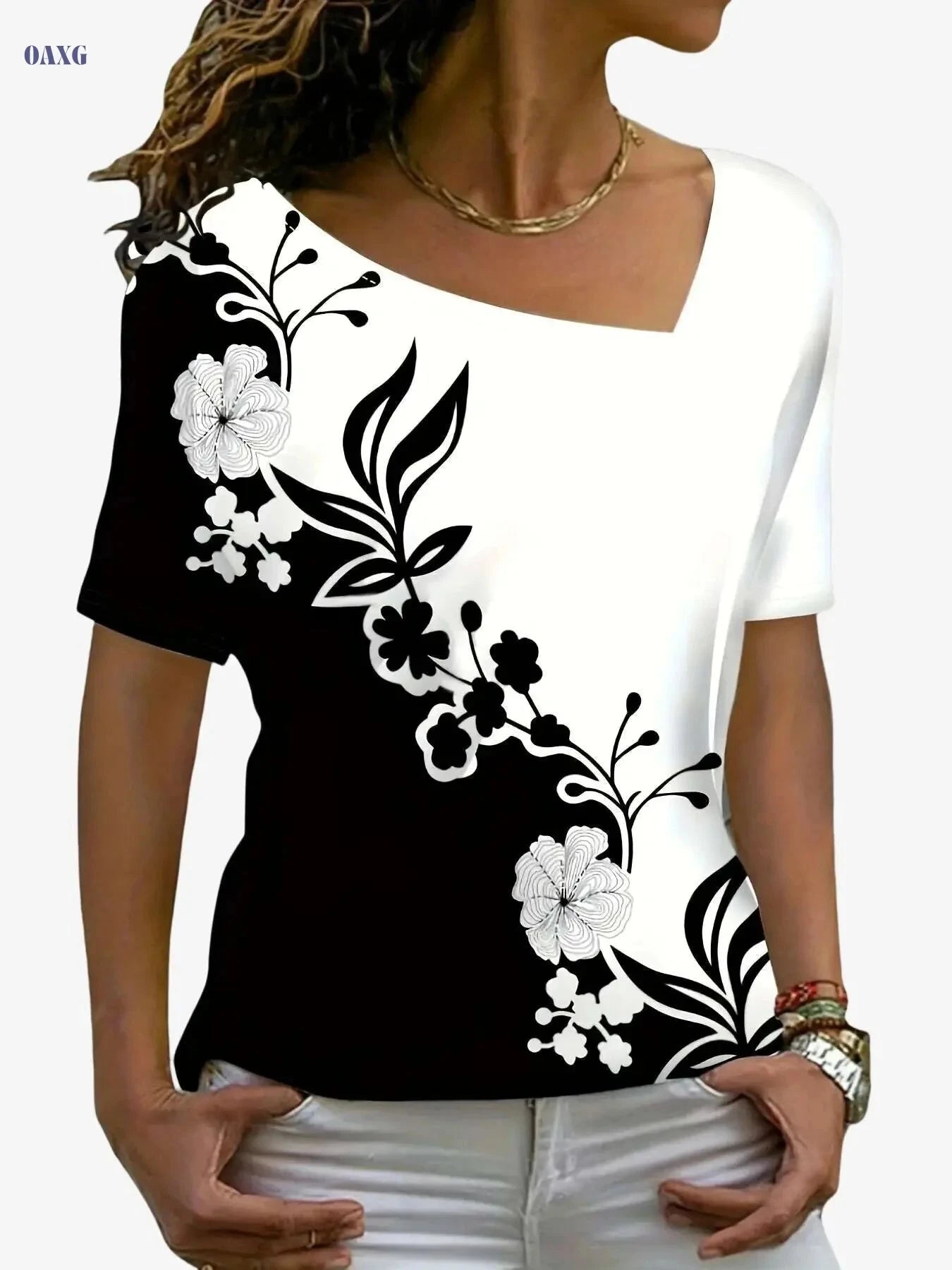 Elegant Floral Print V-Neck Top - Women's Short Sleeve Casual Wear   OAXG Mixed Color / S