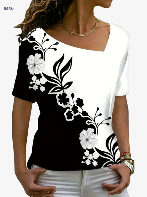 Elegant Floral Print V-Neck Top - Women's Short Sleeve Casual Wear   OAXG Mixed Color / S