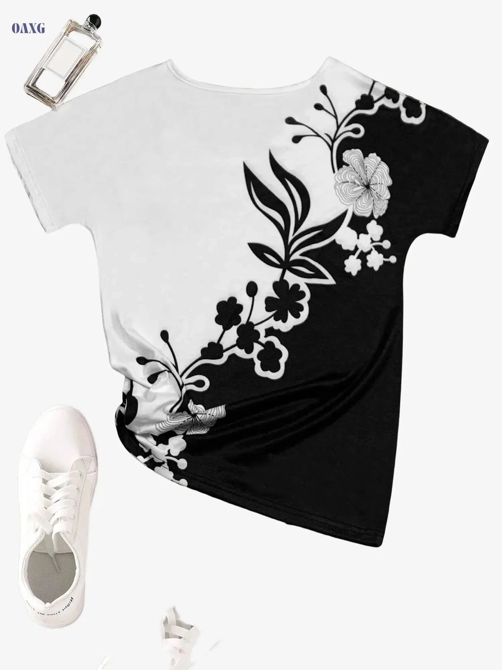 Elegant Floral Print V-Neck Top - Women's Short Sleeve Casual Wear   OAXG Mixed Color / S