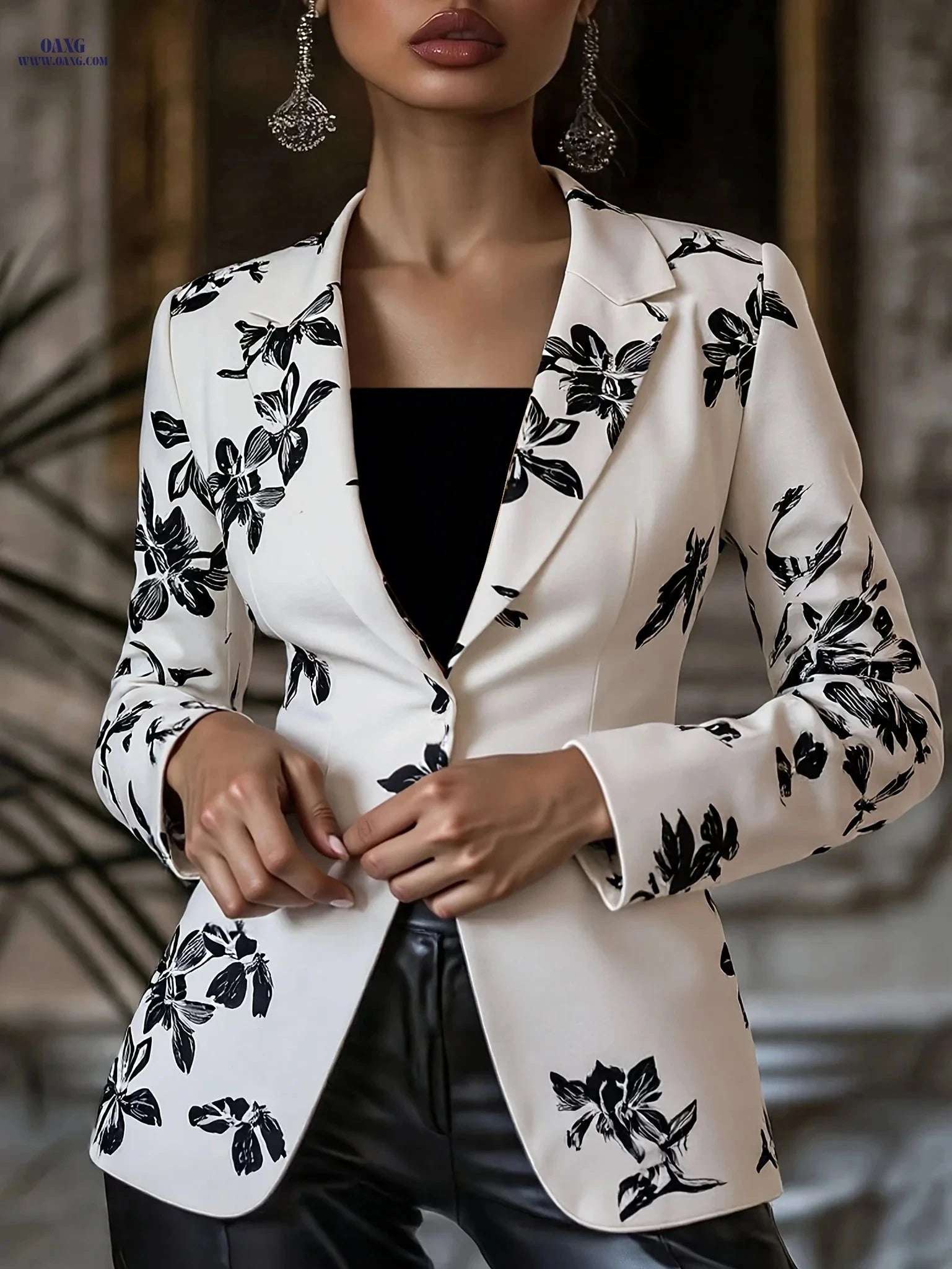 Elegant Floral Printed Blazer for Women - Perfect for Spring/Fall   OAXG 