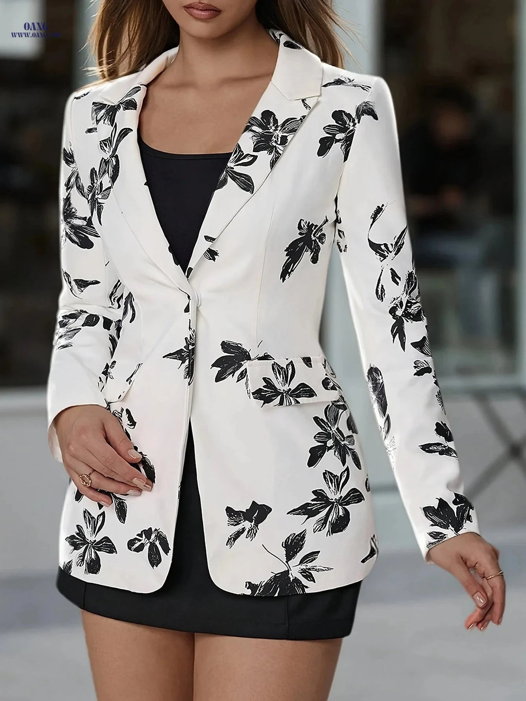 Elegant Floral Printed Blazer for Women - Perfect for Spring/Fall   OAXG White / S