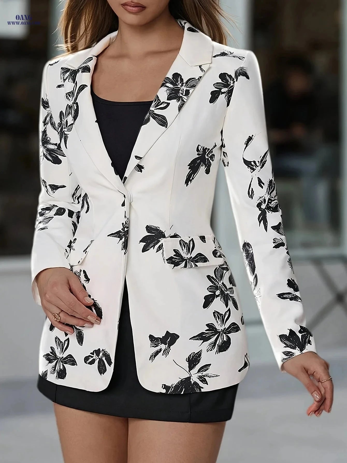 Elegant Floral Printed Blazer for Women - Perfect for Spring/Fall   OAXG White / S