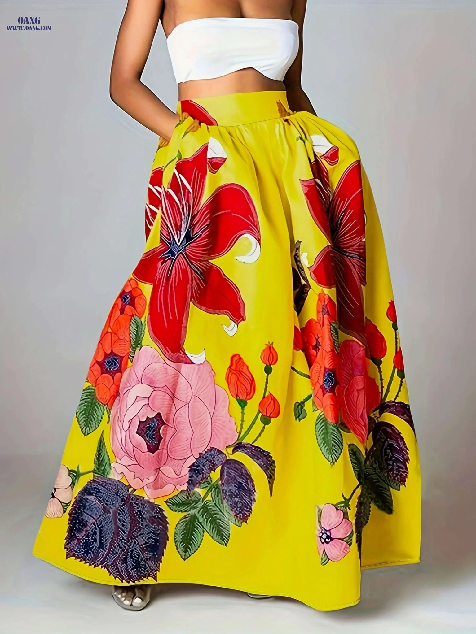 Elegant Floral Printed Midi Skirt - 100% Polyester Fashion   OAXG 