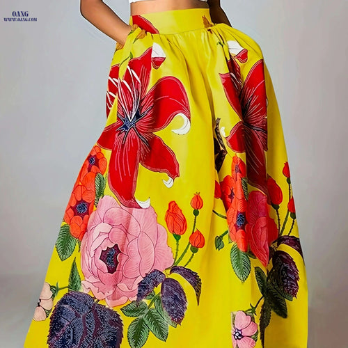 Elegant Floral Printed Midi Skirt - 100% Polyester Fashion   OAXG Yellow / S