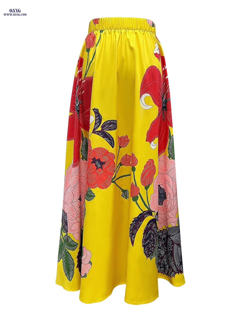 Elegant Floral Printed Midi Skirt - 100% Polyester Fashion   OAXG Yellow / S