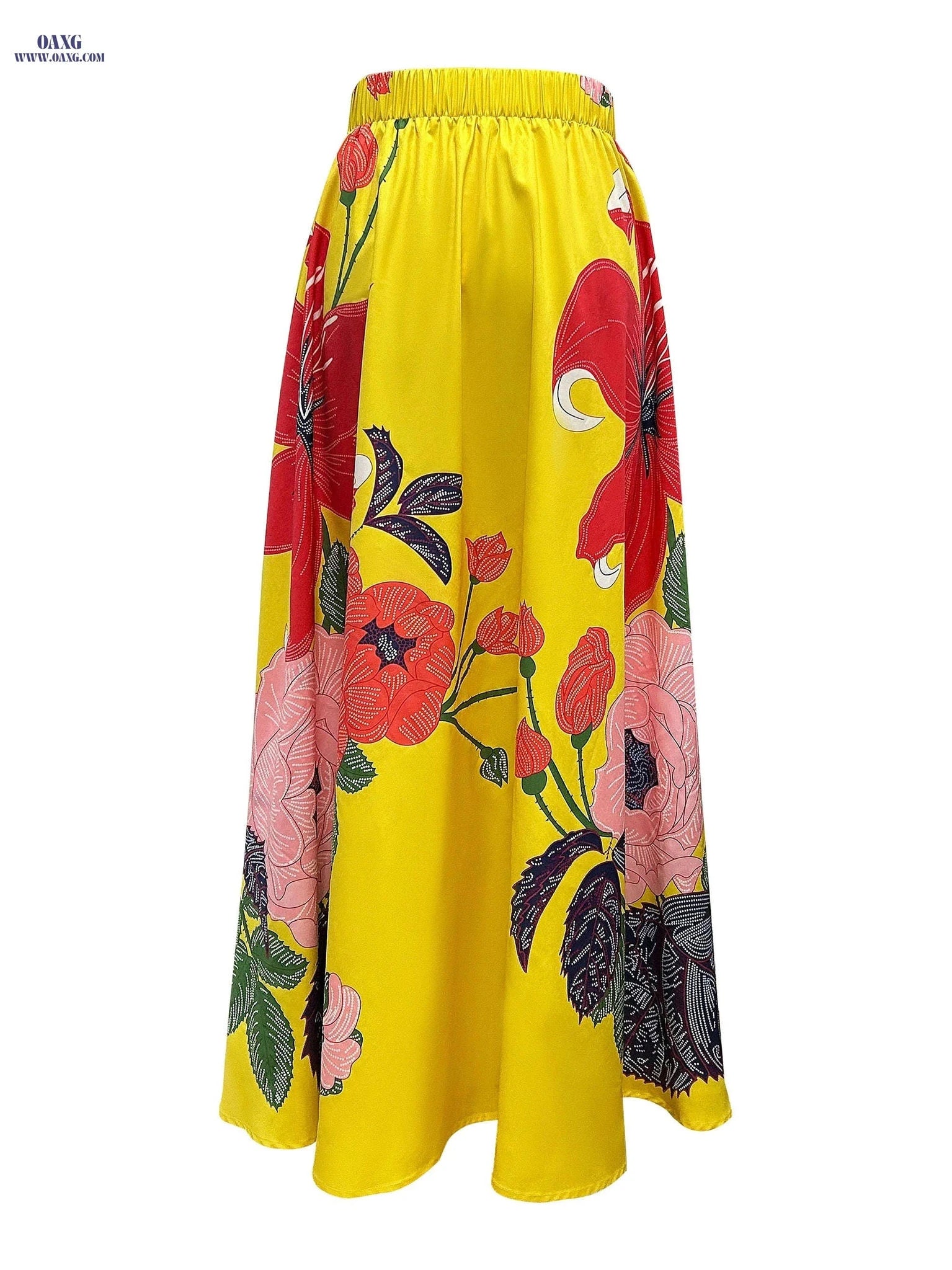 Elegant Floral Printed Midi Skirt - 100% Polyester Fashion   OAXG Yellow / S