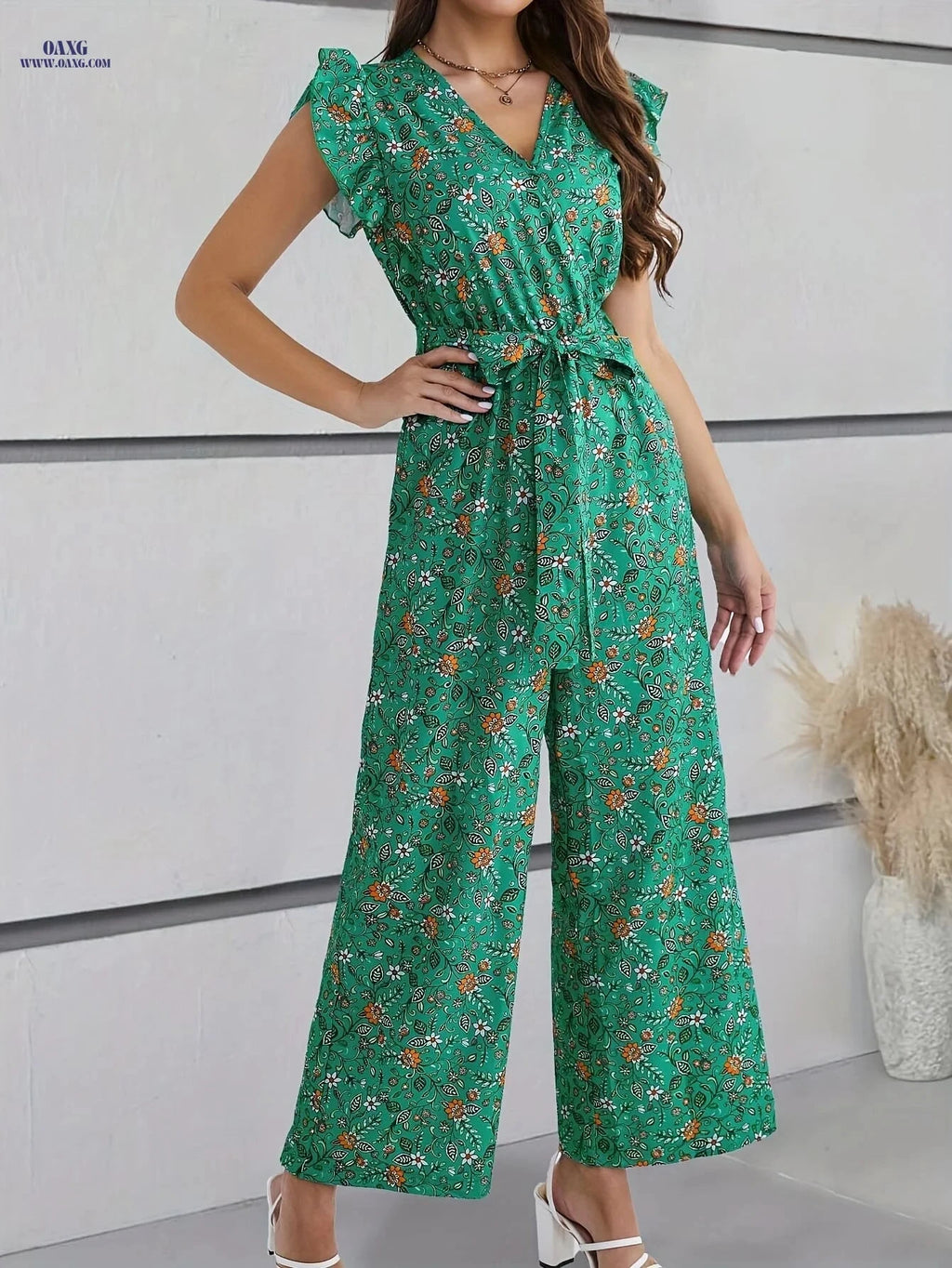 Elegant Floral Ruffle Trim Jumpsuit - V-Neck Belted Adult Wear   OAXG 