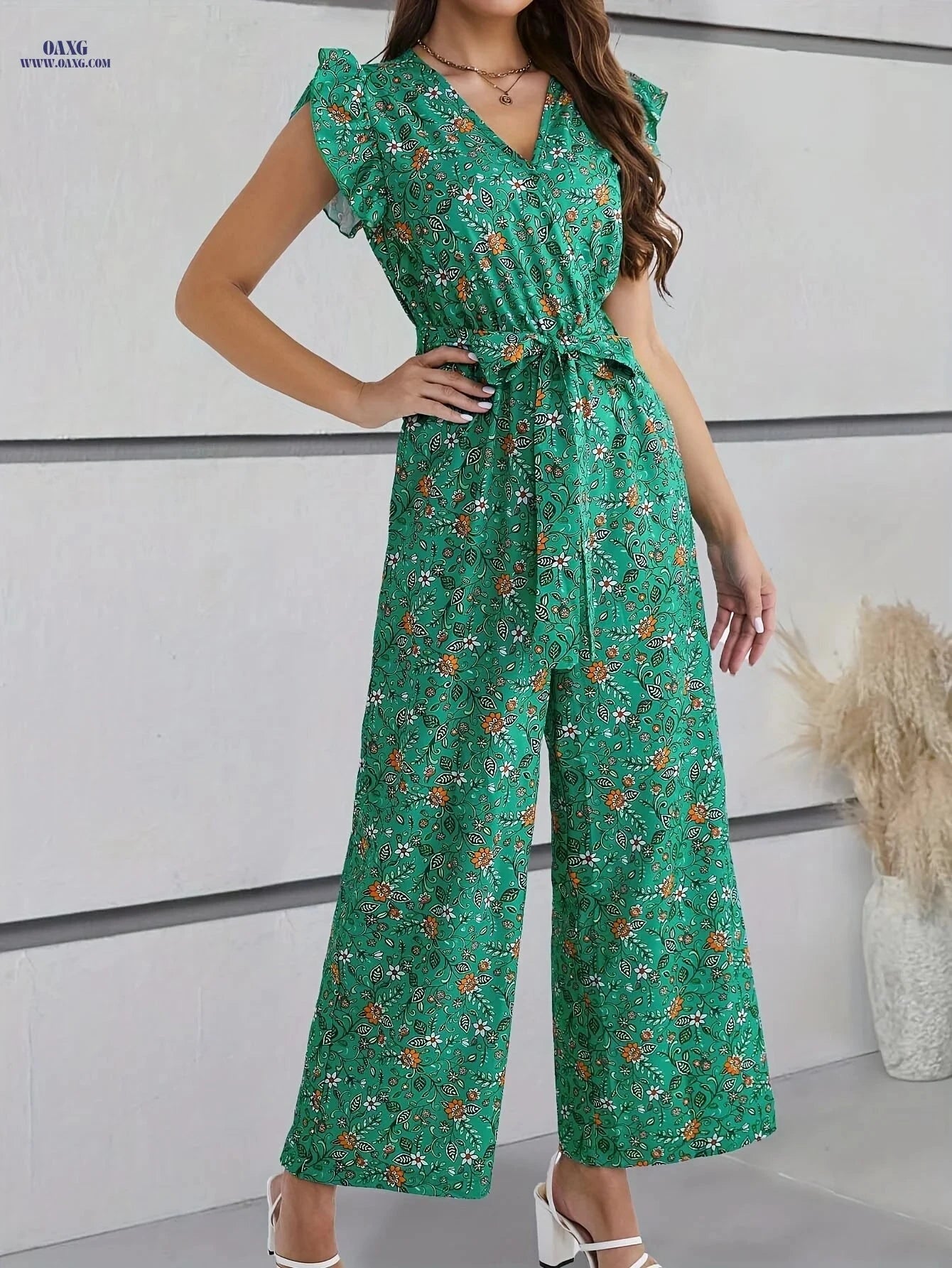 Elegant Floral Ruffle Trim Jumpsuit - V-Neck Belted Adult Wear   OAXG 