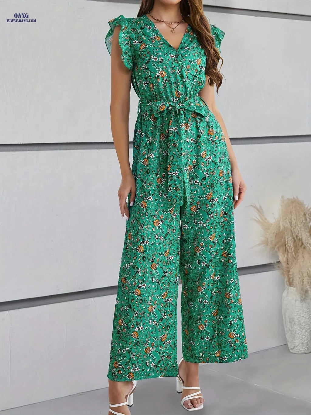 Elegant Floral Ruffle Trim Jumpsuit - V-Neck Belted Adult Wear   OAXG 