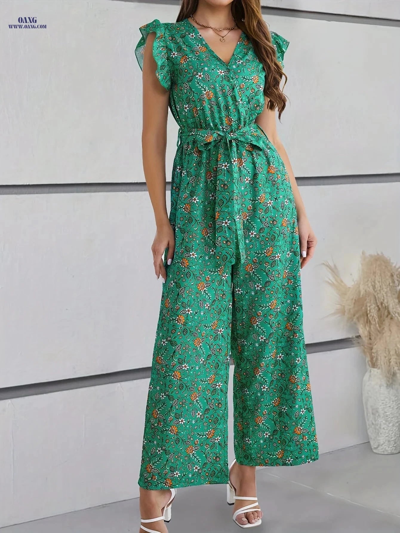 Elegant Floral Ruffle Trim Jumpsuit - V-Neck Belted Adult Wear   OAXG 