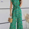 Elegant Floral Ruffle Trim Jumpsuit - V-Neck Belted Adult Wear   OAXG 【Multicolor】 / S