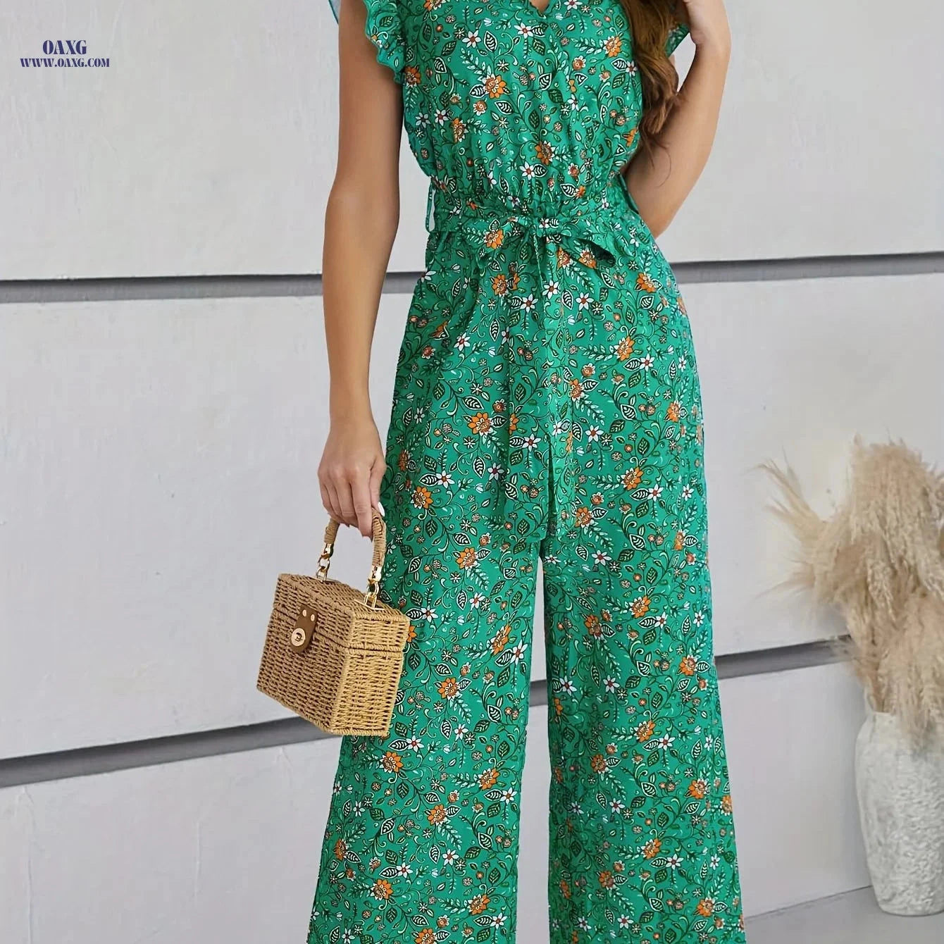 Elegant Floral Ruffle Trim Jumpsuit - V-Neck Belted Adult Wear   OAXG 【Multicolor】 / S