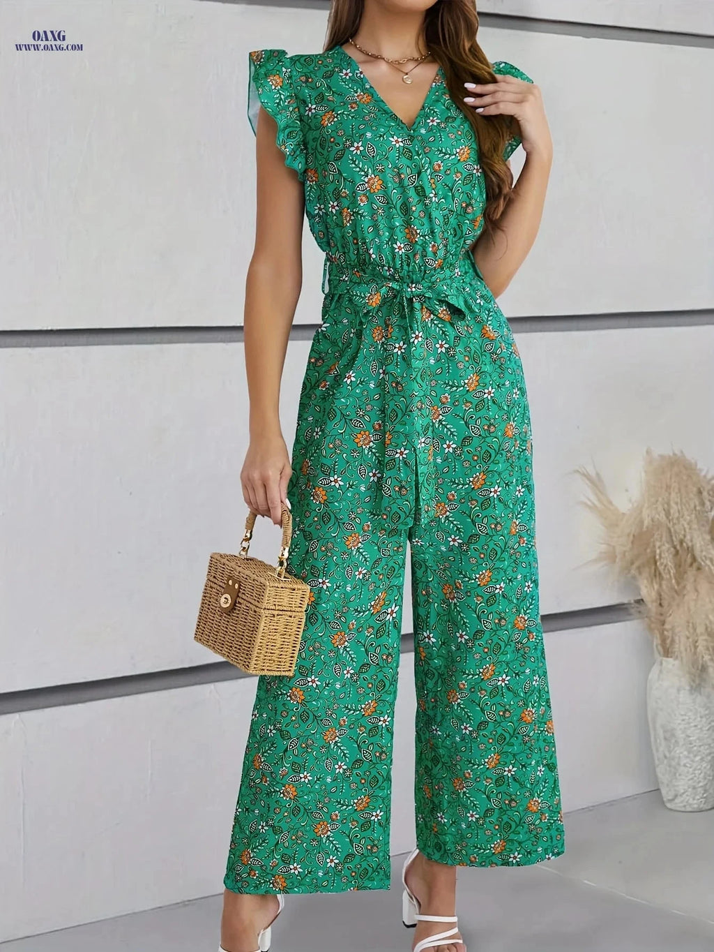 Elegant Floral Ruffle Trim Jumpsuit - V-Neck Belted Adult Wear   OAXG 【Multicolor】 / S