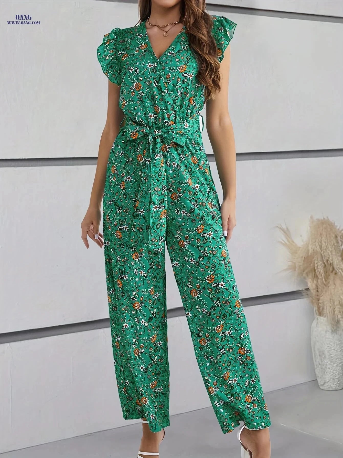 Elegant Floral Ruffle Trim Jumpsuit - V-Neck Belted Adult Wear   OAXG 【Multicolor】 / S