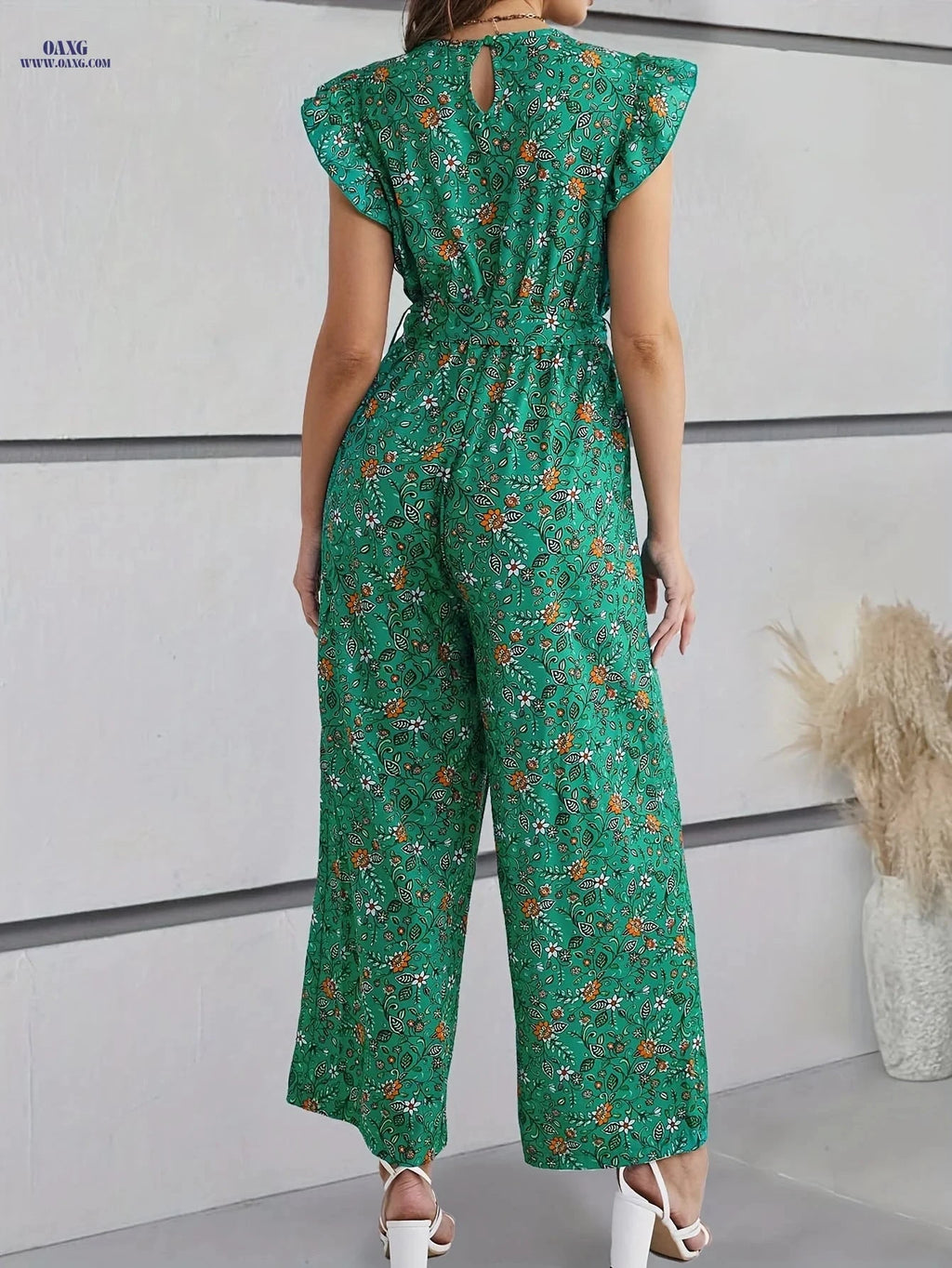 Elegant Floral Ruffle Trim Jumpsuit - V-Neck Belted Adult Wear   OAXG 【Multicolor】 / S