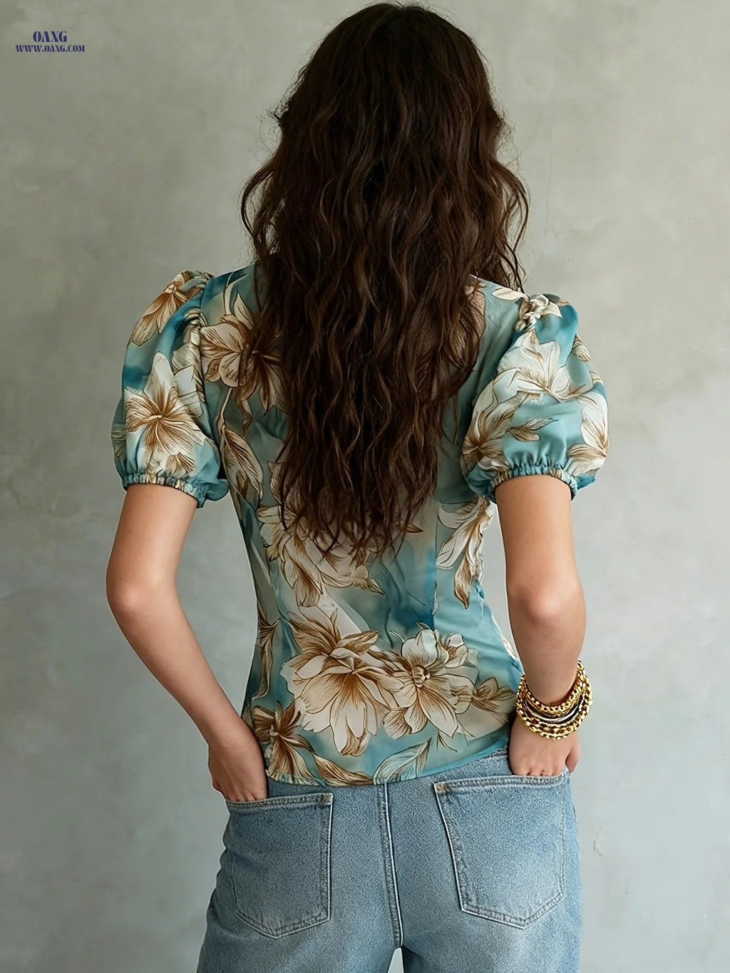 Design-Driven Niche Ruffled Stand-Up Collar Top, Blue-Toned Floral Bouquet Print Puff Sleeve Chiffon Blouse   OAXG Lake Blue / S