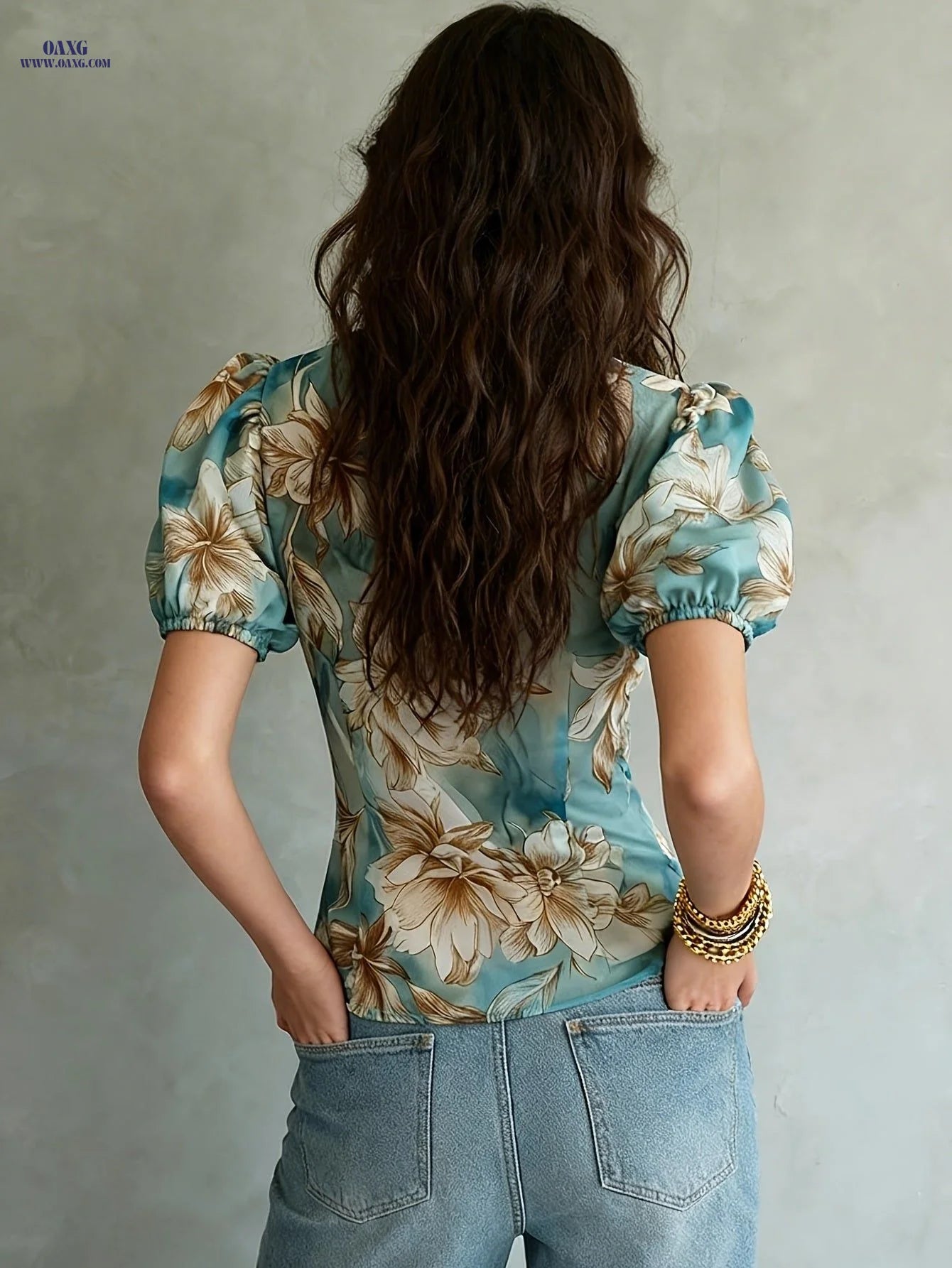 Design-Driven Niche Ruffled Stand-Up Collar Top, Blue-Toned Floral Bouquet Print Puff Sleeve Chiffon Blouse   OAXG Lake Blue / S