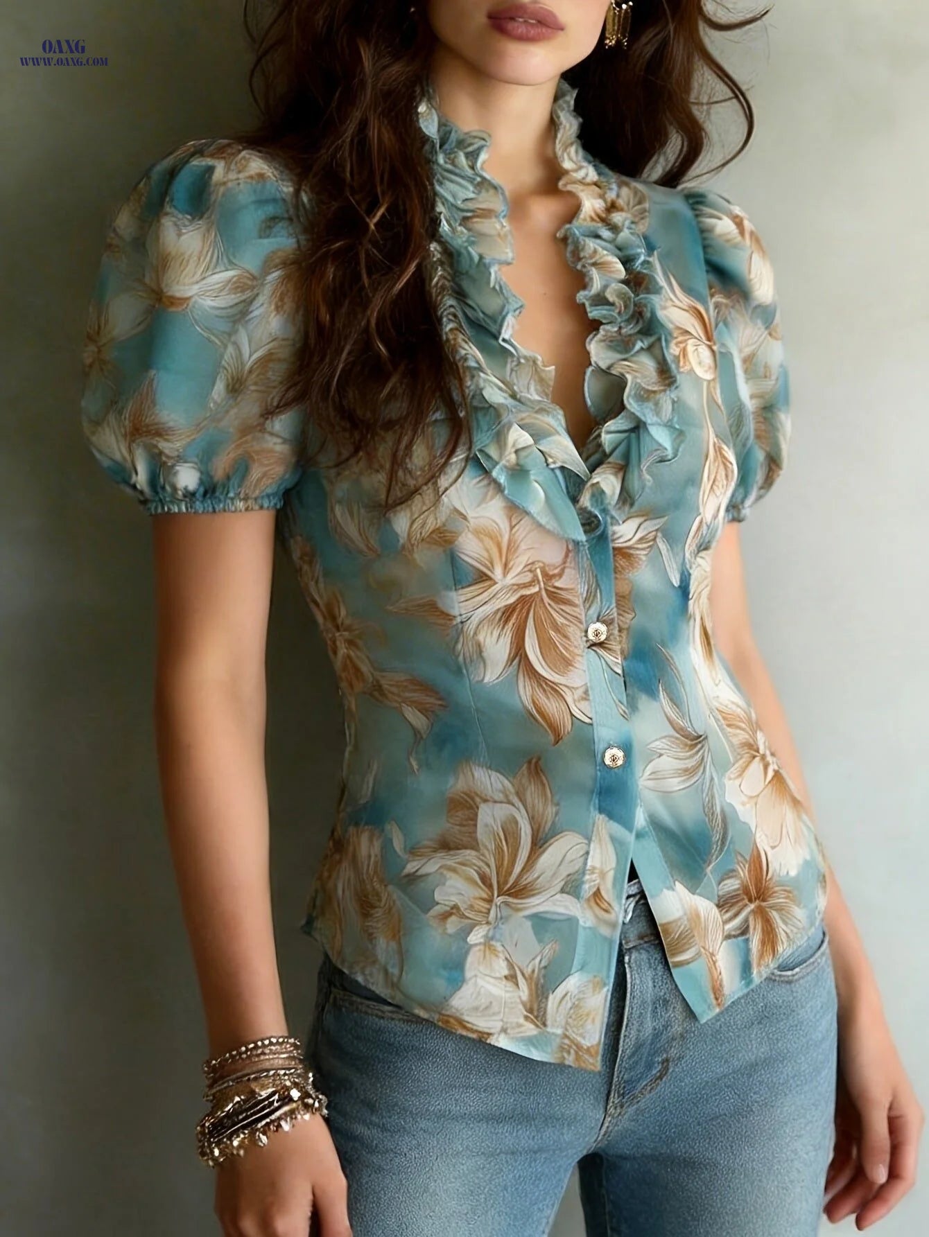 Design-Driven Niche Ruffled Stand-Up Collar Top, Blue-Toned Floral Bouquet Print Puff Sleeve Chiffon Blouse   OAXG Lake Blue / S
