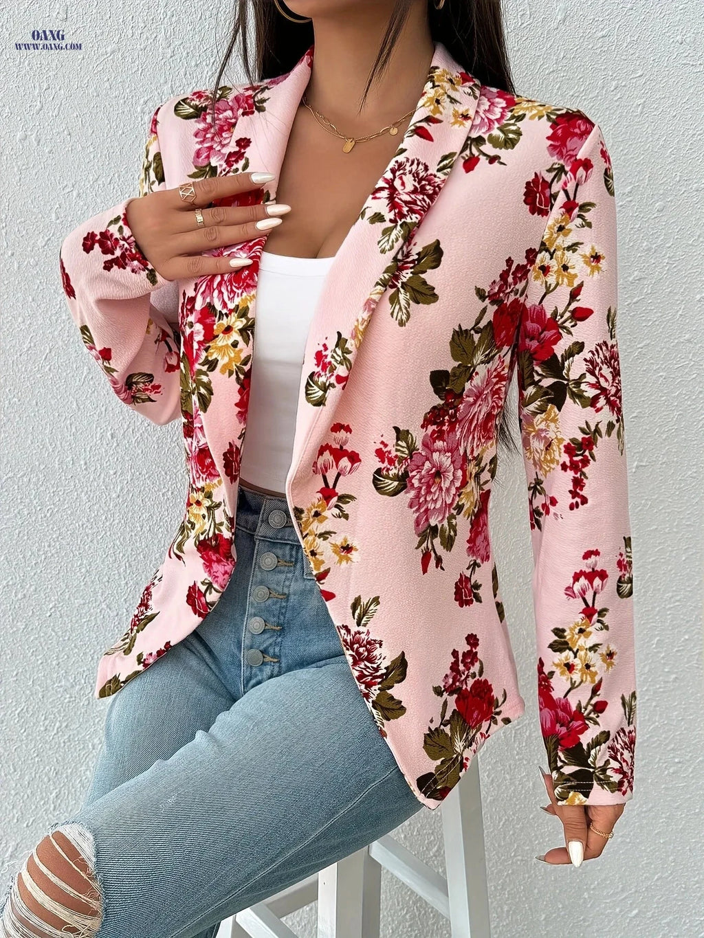 Elegant Floral Short Coat - Long Sleeve, Regular Fit, Versatile Style   OAXG 