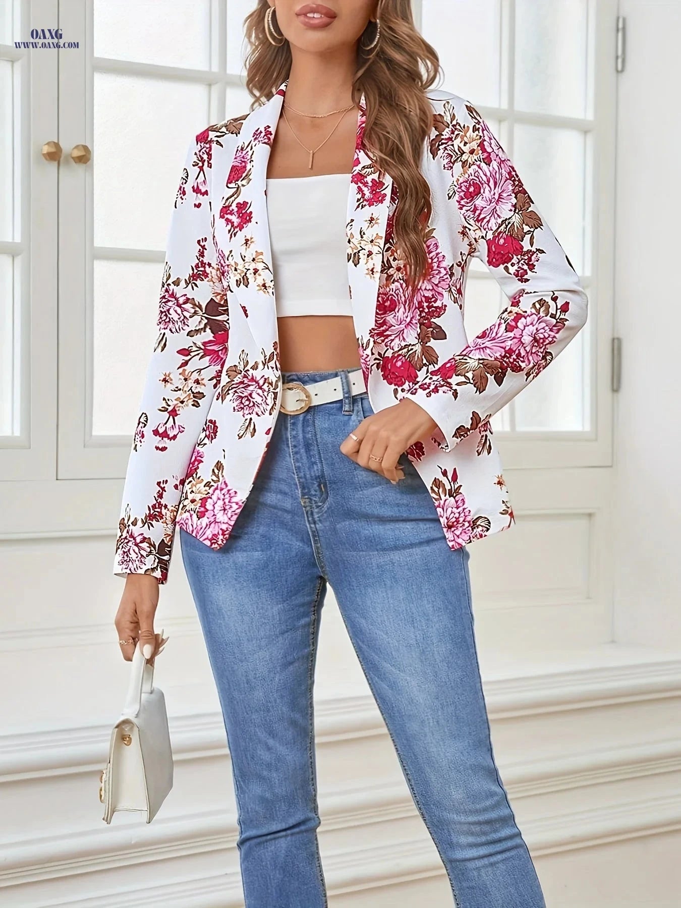 Elegant Floral Short Coat - Long Sleeve, Regular Fit, Versatile Style   OAXG 