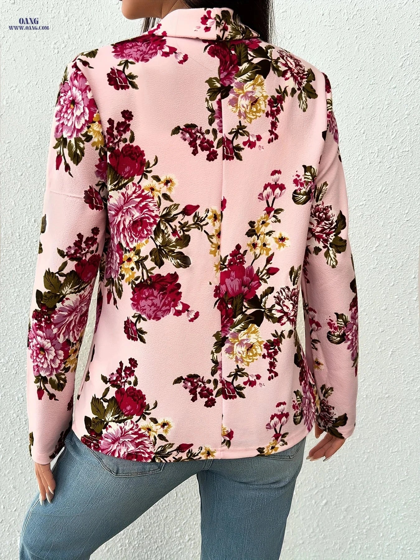 Elegant Floral Short Coat - Long Sleeve, Regular Fit, Versatile Style   OAXG 