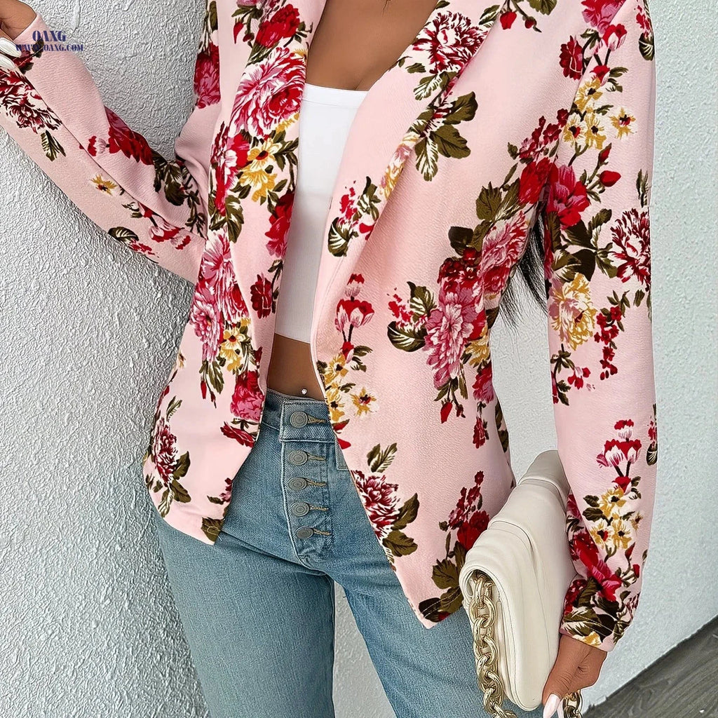 Elegant Floral Short Coat - Long Sleeve, Regular Fit, Versatile Style   OAXG hot pink / XL