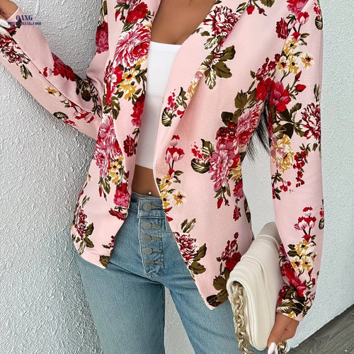 Elegant Floral Short Coat - Long Sleeve, Regular Fit, Versatile Style   OAXG hot pink / XL