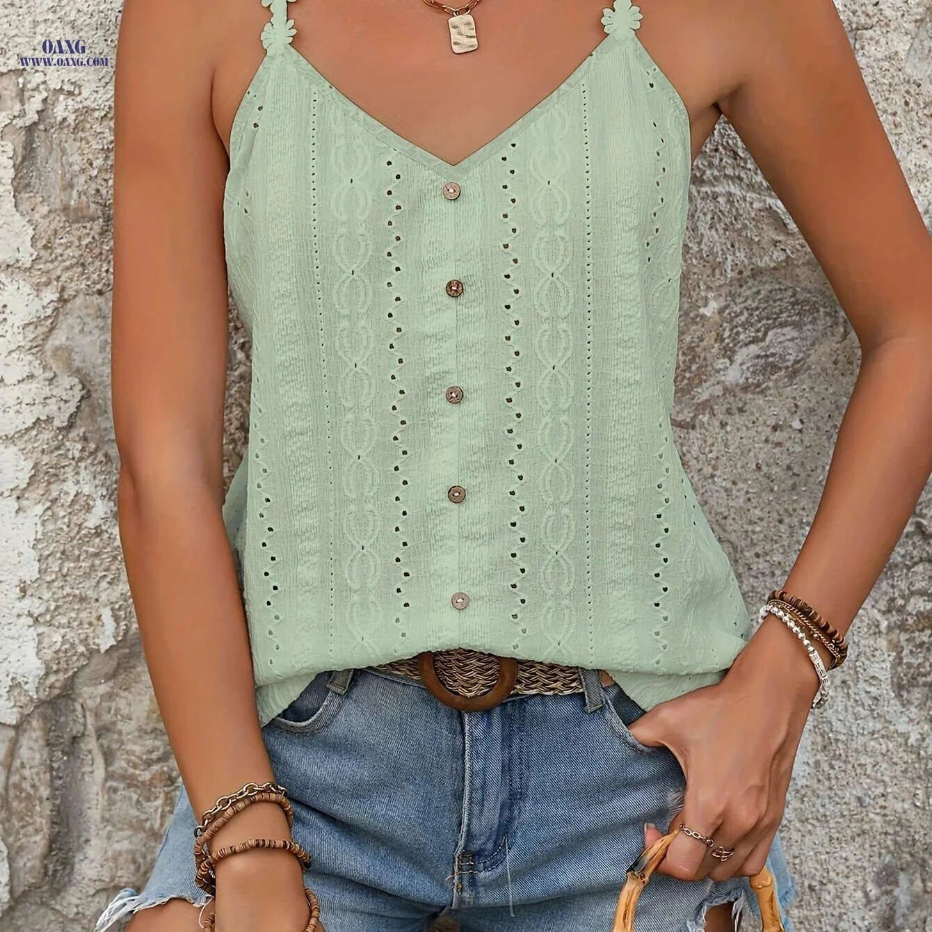 Elegant Floral Strap Camisole Top for Women - Trendy Button Detail   OAXG 