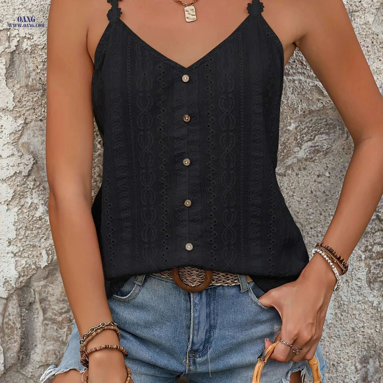 Elegant Floral Strap Camisole Top for Women - Trendy Button Detail   OAXG 