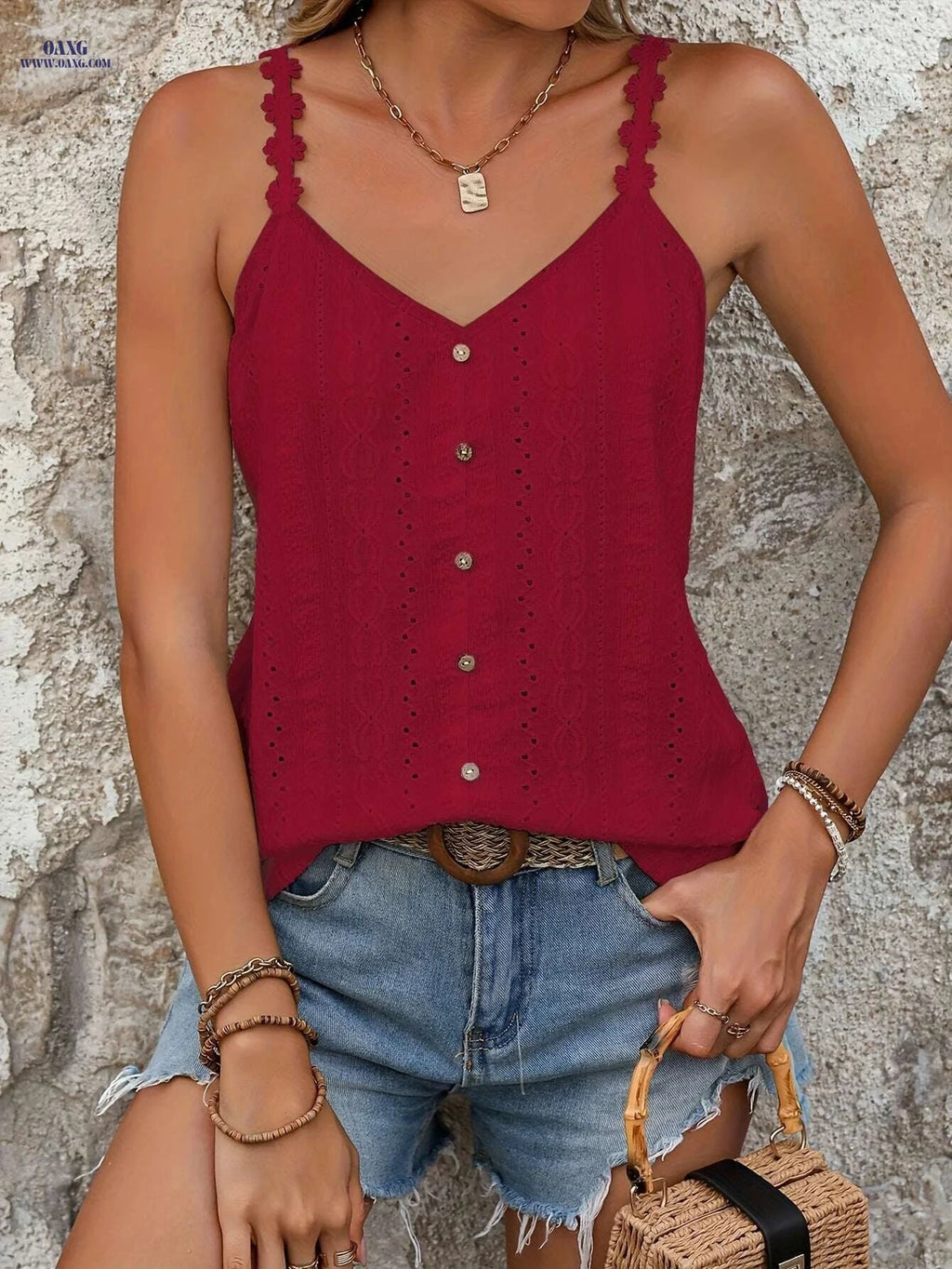 Elegant Floral Strap Camisole Top for Women - Trendy Button Detail   OAXG White / S