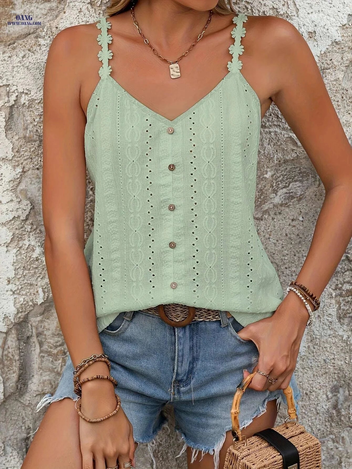 Elegant Floral Strap Camisole Top for Women - Trendy Button Detail   OAXG White / S