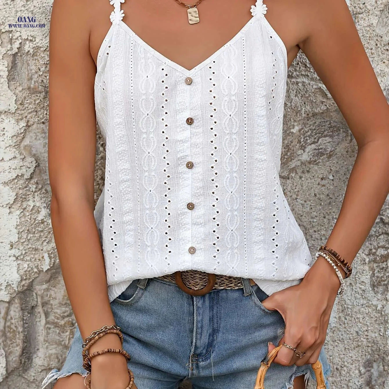 Elegant Floral Strap Camisole Top for Women - Trendy Button Detail   OAXG White / S