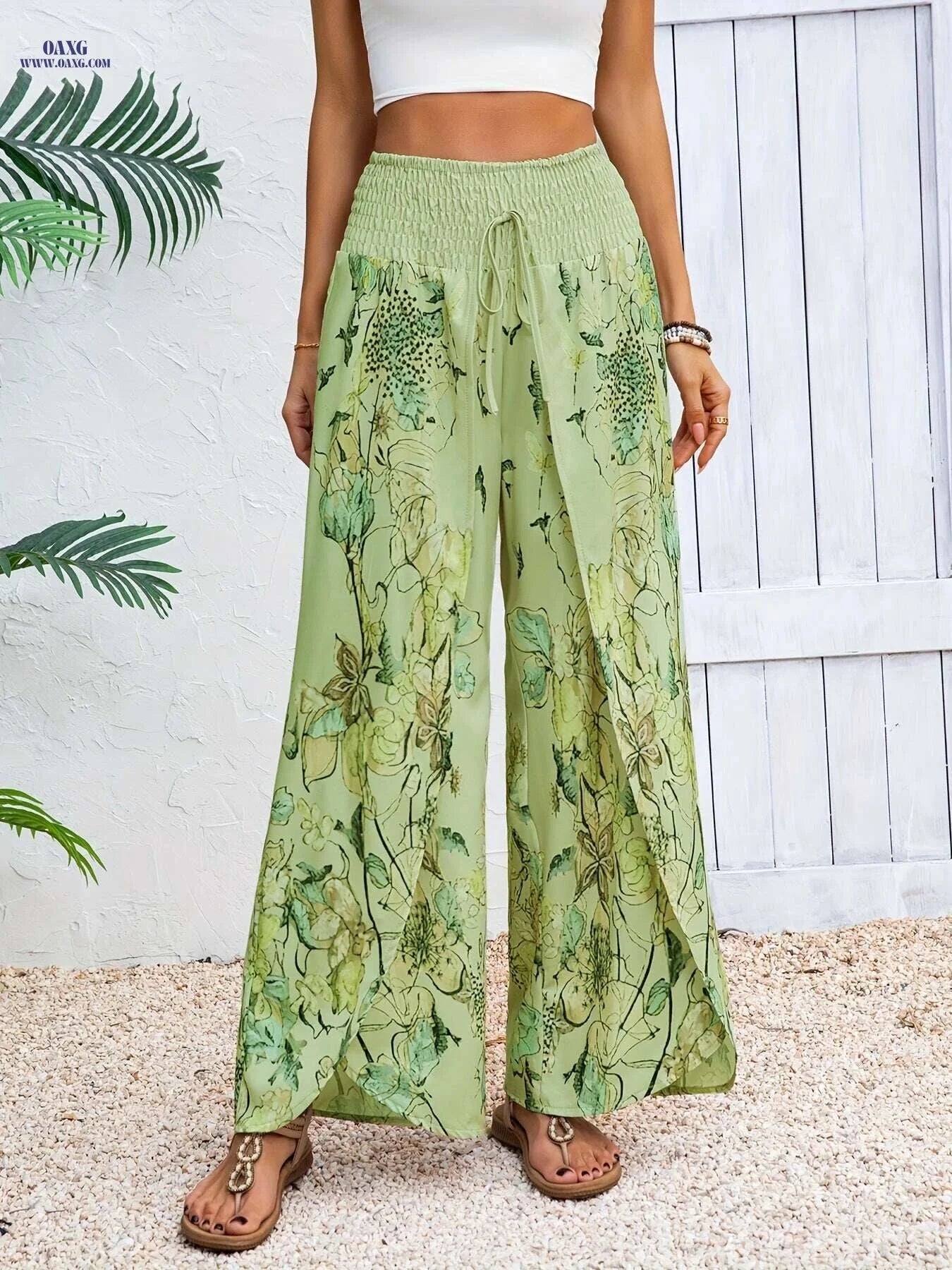 Elegant Floral Wide-Leg Pants - Casual Beachwear for Women   OAXG Mixed Color / S
