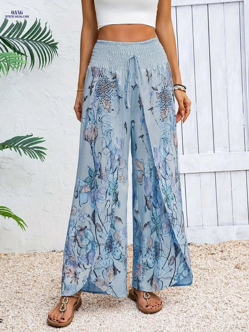 Elegant Floral Wide-Leg Pants - Casual Beachwear for Women   OAXG Mixed Color / S
