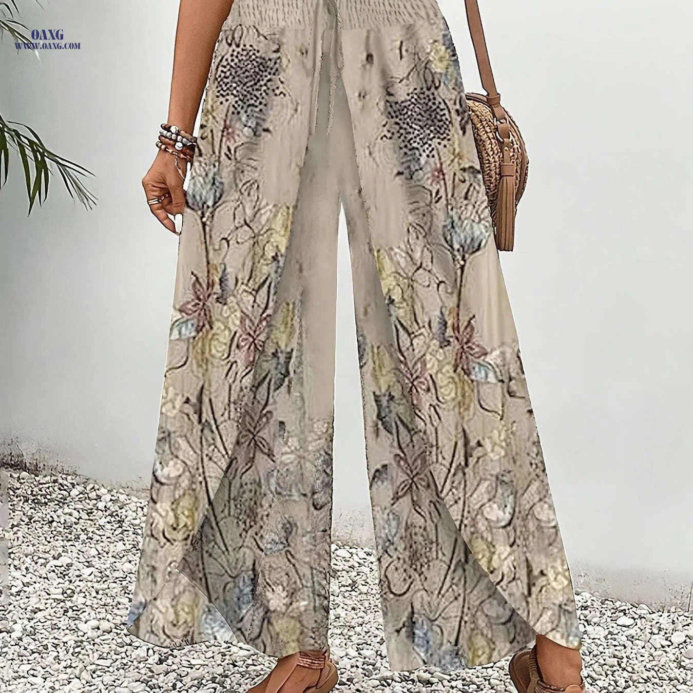 Elegant Floral Wide-Leg Pants for Women - Casual Beachwear, Loose Fit   OAXG 