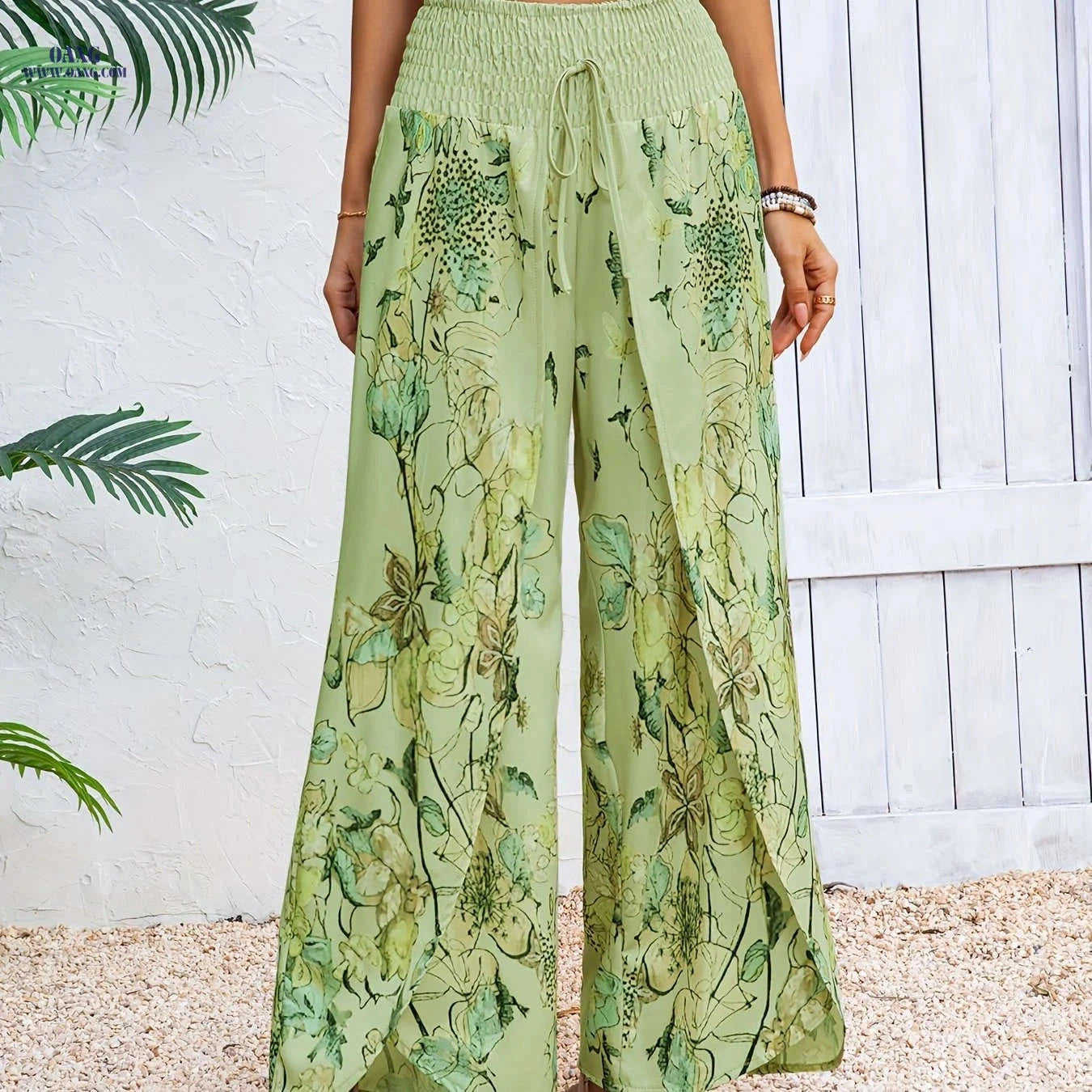 Elegant Floral Wide-Leg Pants for Women - Casual Beachwear, Loose Fit   OAXG 