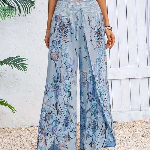 Elegant Floral Wide-Leg Pants for Women - Casual Beachwear, Loose Fit   OAXG Mixed Color / S