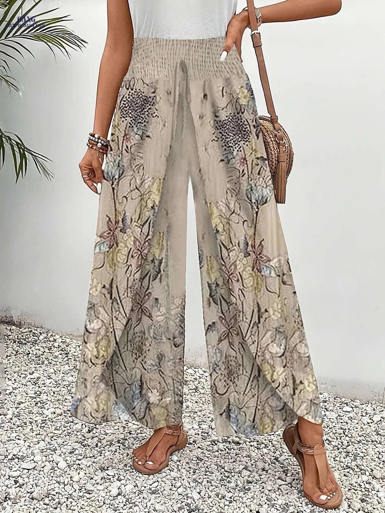 Elegant Floral Wide-Leg Pants for Women - Casual Beachwear, Loose Fit   OAXG 