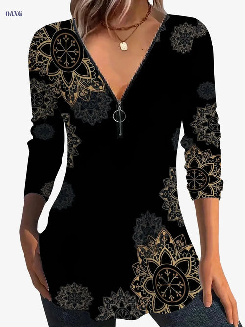 Elegant Floral Women’s T-Shirt - V-Neck, Micro Elasticity Style   OAXG Black / S
