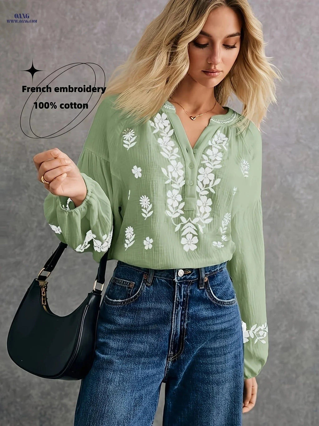 Elegant French-Style Embroidered Cotton Shirt - Lightweight & Comfortable   OAXG Matcha Color / XS