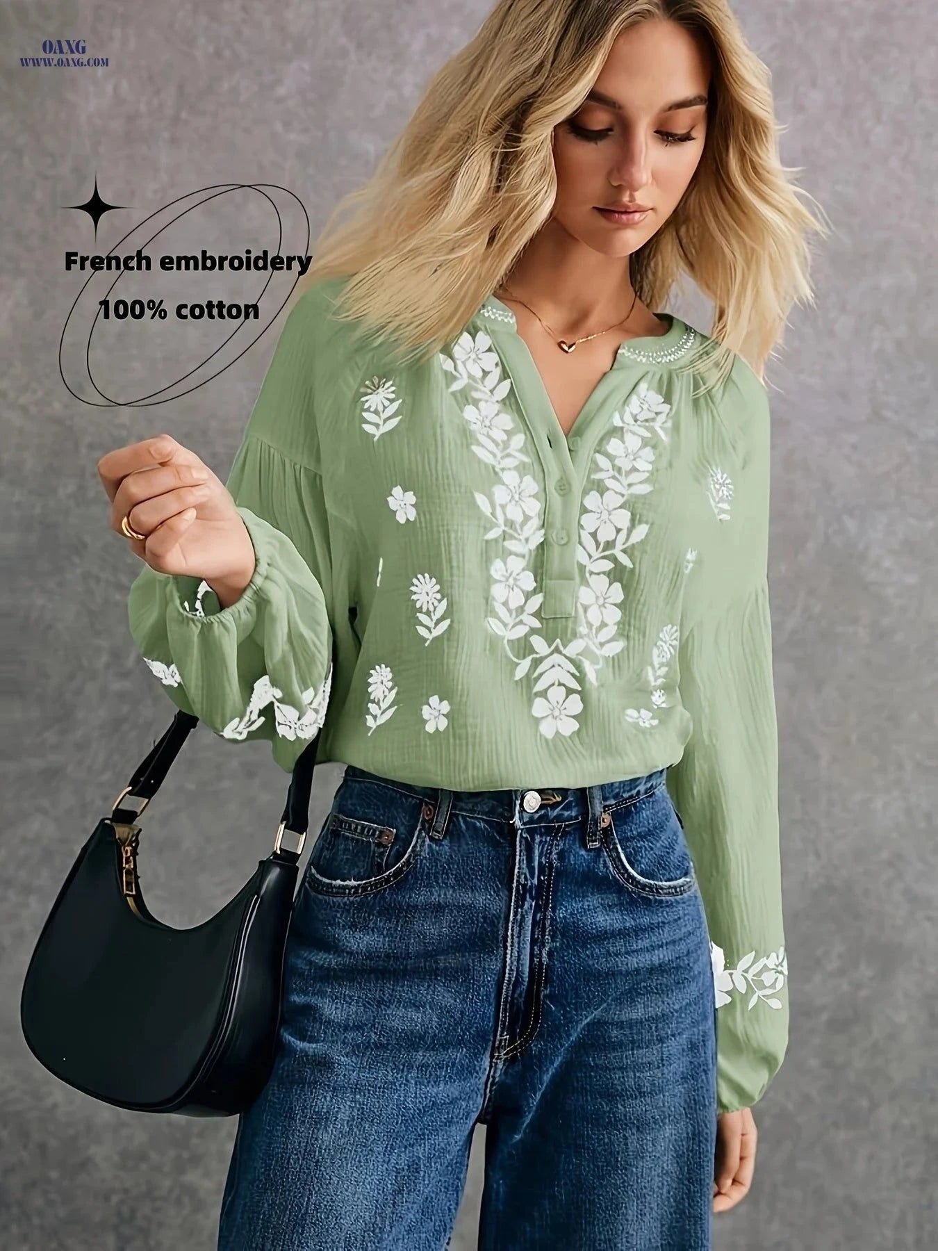Elegant French-Style Embroidered Cotton Shirt - Lightweight & Comfortable   OAXG Matcha Color / XS