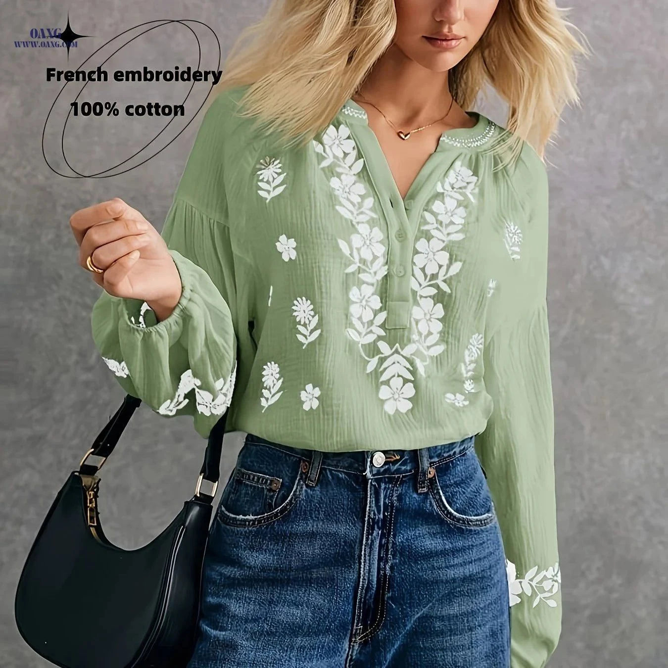 Elegant French-Style Embroidered Cotton Shirt - Lightweight & Comfortable   OAXG Matcha Color / XS